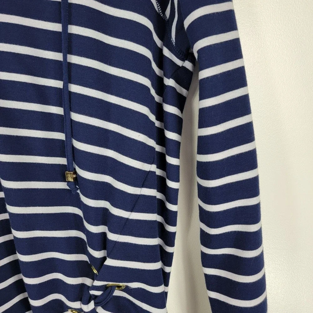 Michael Kors Women's Sz Sm Pullover Hoodie Navy and White Striped Lace Up Detail